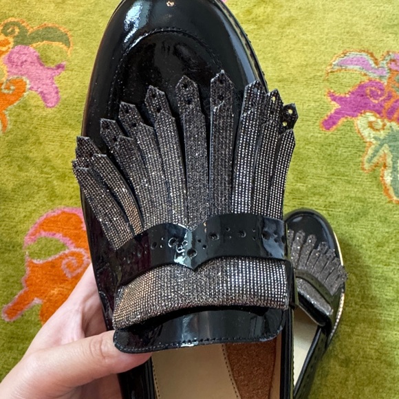 Black Patent Leather Loafers with Fringe Detail - Picture 2 of 4